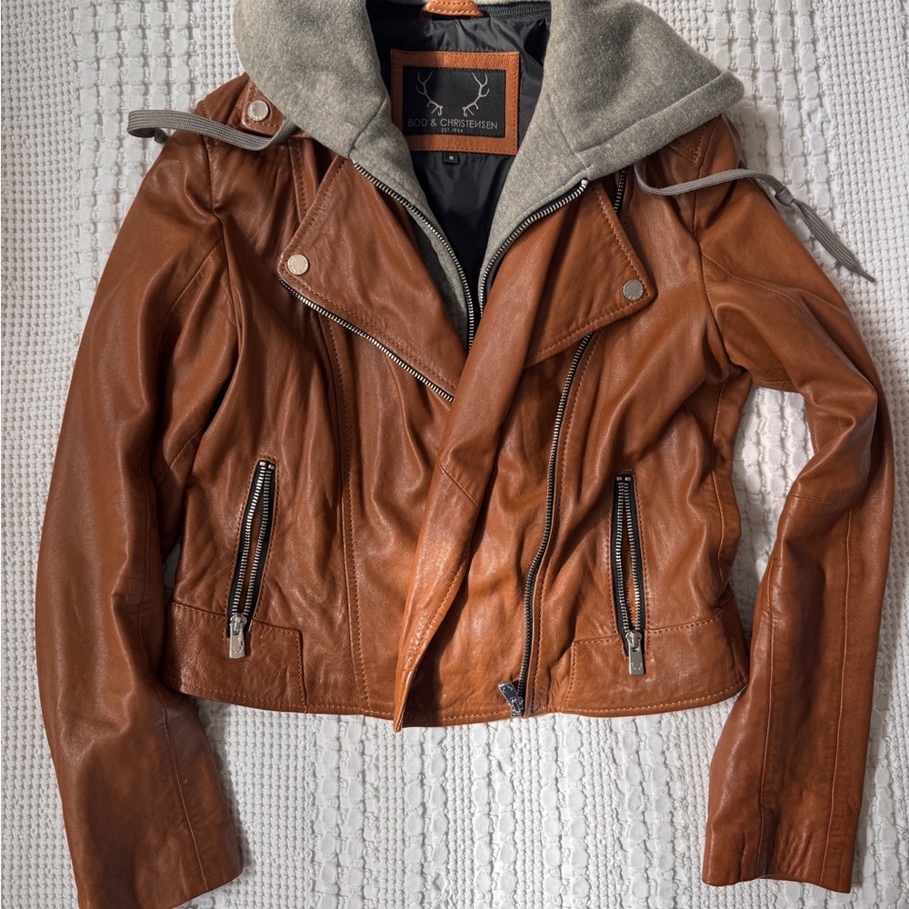 Bod & Christensen Brown Leather Jacket with Gray Hood